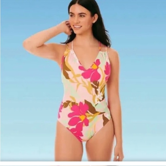 Beach Betty Other - Beach Betty By Miracle Brands 1 Pc Swimsuit Floral Tie Back XL NWT V Neck